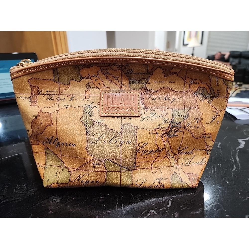 Alviero Martini 1A Classe Vintage Map Print‎ Purse Handbag Italy Brown 10"